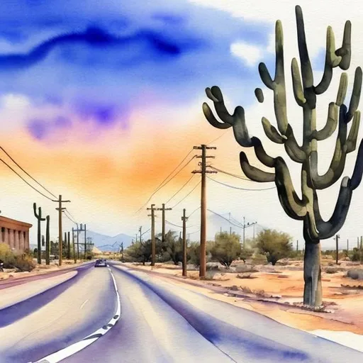 Prompt: Road thru downtown Arizona watercolour 