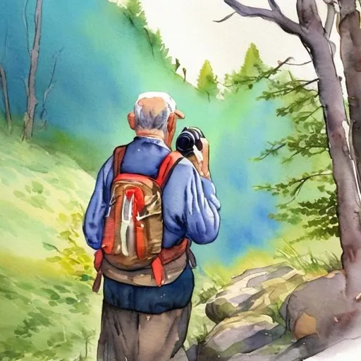 Prompt: Old Man holding a camera dressed in hiking outfit in the Woods watercolour 