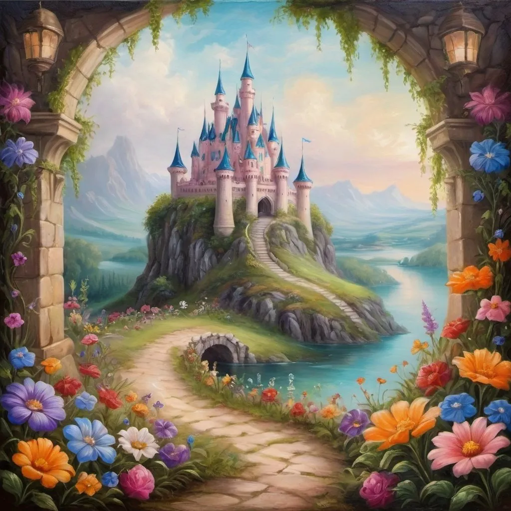 Prompt: Floral border around a fantasy land with castles and fairies oil painting 