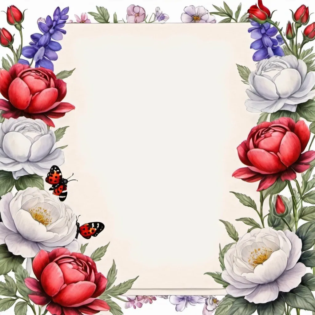 Prompt: blank lined paper with flowers red, black and white roses, peony,lupine, daises, ladybug, muschroms araund the border, watercolor background, multicolor, detaided, realysty, 3D, capturing their elegance and realism, ultrahighrealistic, efect beautiful light