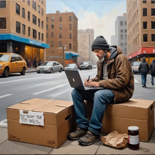 Prompt: "will Prompt for food" written on cardboard box that a homeless man is sitting on with laptop in lap in a busy evenjng city background oil painting 