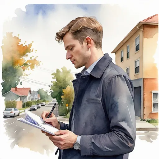 Prompt: profile of Male Reporter taking notes on pad he is holding with neighborhood in distance watercolour 