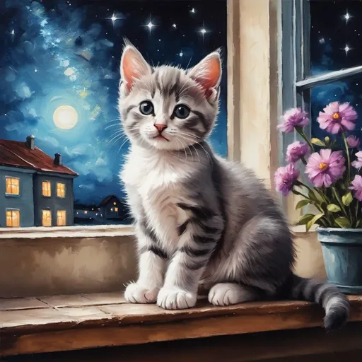 Prompt: Cute kitten sitting on bench with night galaxy in window oil painting 