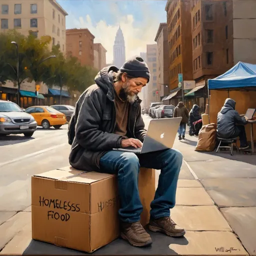 Prompt: "will Prompt for food" written on cardboard box that a homeless man is sitting on with laptop in lap in a busy evenjng city background oil painting 