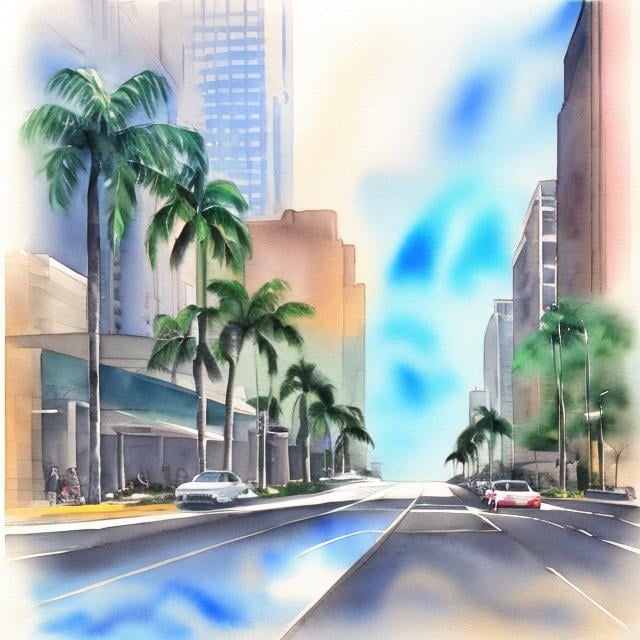 Prompt: Road thru downtown Honolulu watercolour 