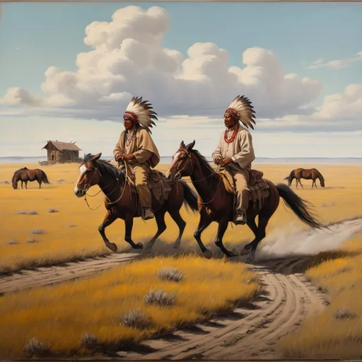 Prompt: 2 Indian men riding horses on the prairie with búffalo in distance and "Indian Heritage Day" written on sign posted on ground oil painting