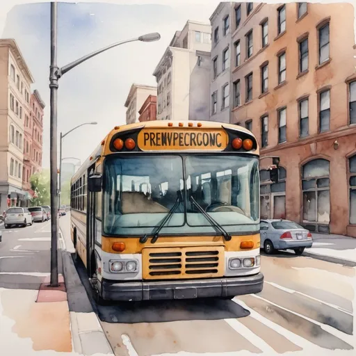 Prompt: Close up of Bus parked on side of street in downtown city watercolour