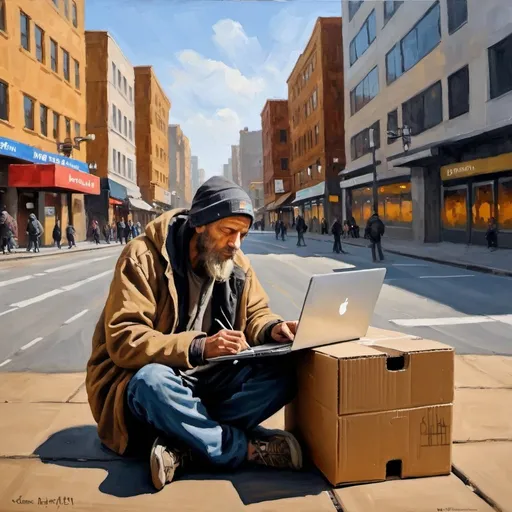 Prompt: "will Prompt for food" written on cardboard box that a homeless man is sitting on with laptop in lap in a busy evenjng city background oil painting 