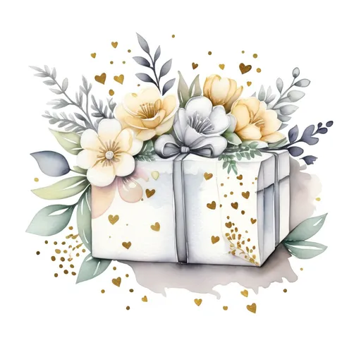 Prompt: Hand drawn, watercolor. white background. A birthday present laying on top of flowers. With hearts around. glitter Silver ,gold, and ivory colours only
