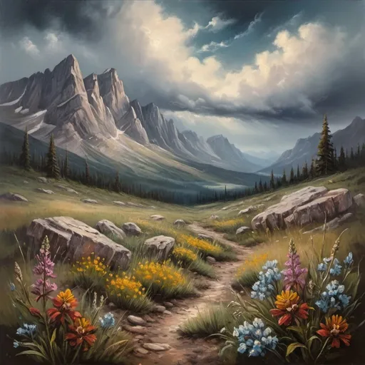 Prompt: Rocky mountain landscape with wildflowers, vintage oil painting, beautiful cloudy sky, dark and dramatic atmosphere, high quality, detailed brushwork, vintage style, cool tones, atmospheric lighting, wildflowers in foreground, majestic mountains, dramatic clouds, oil painting, vintage, beautiful, detailed landscape, rocky terrain, professional artwork Oil painting