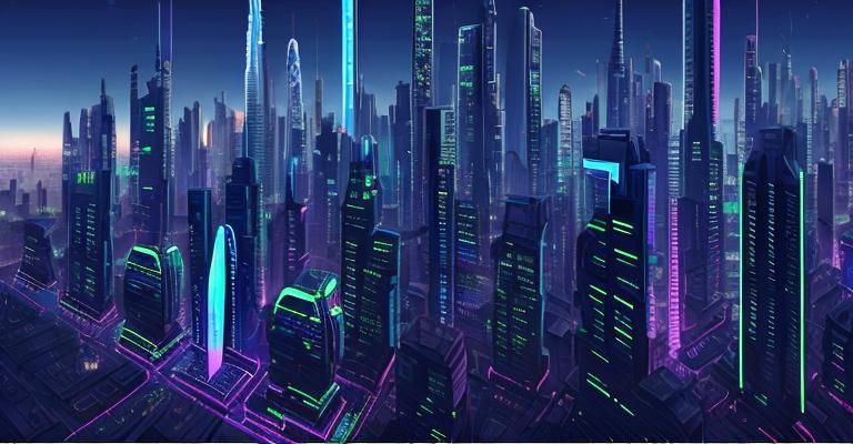Prompt: A view of a 2100 futuristic neon city at nighttime full of only skyscrapers((at least 3000m and at most 10000m tall for each) and (at least 100m wide and at most 200m wide) and make sure to show only skyscrapers and the upper part of the picture needs to show the night sky