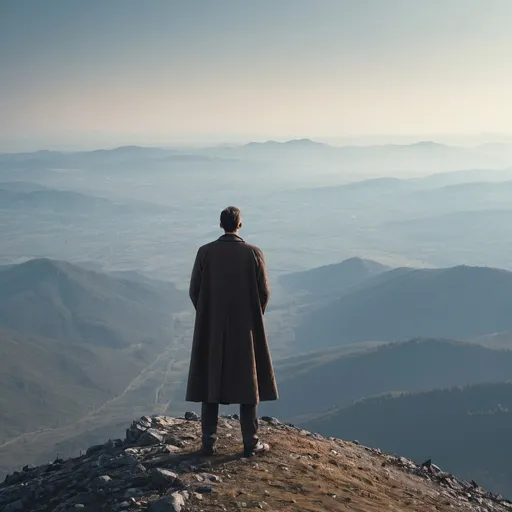 Prompt: A lonely man in classic clothing is standing on top of the mountain, watching the distance alone.