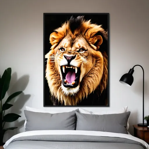 Prompt: Framed picture lion roar in bedroom