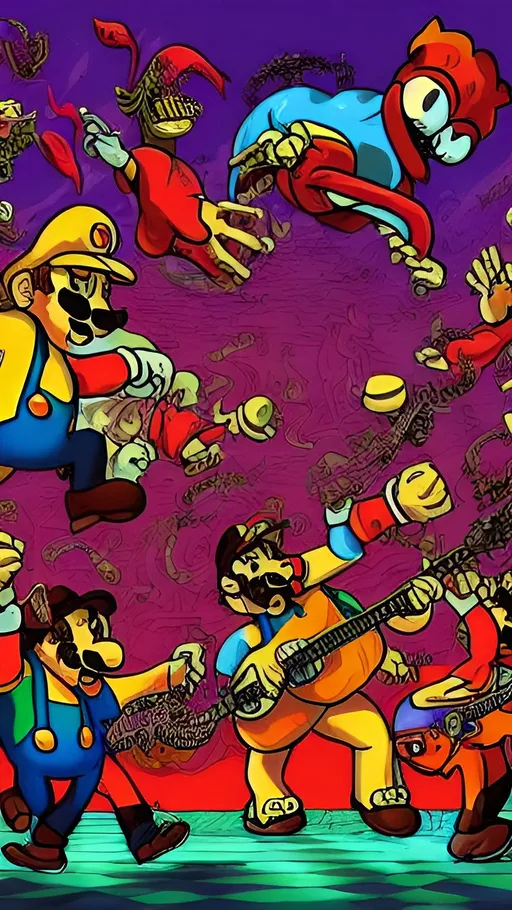 Prompt: Surrealism illustration of Tenacious D in a Mario boss level, Jack Black and Kyle Gass as characters, Dave Grohl as Satan, original NES system, intense and vibrant colors, surreal style, detailed facial expressions, rock music vibes, retro gaming, high resolution, vibrant colors, surreal, detailed character design, musical atmosphere, intense lighting