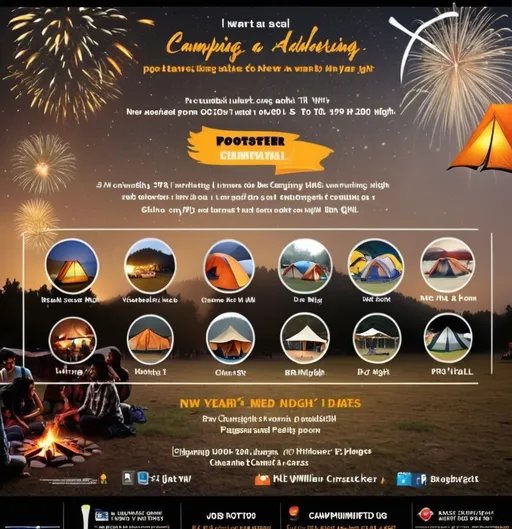 Prompt: I want a camping poster for advertising for New Year, giving a discount offer. So, the things which I wanted to include in a package of Rs. 1199, cosy tent stay, bonfire, washroom, parking, unlimited dinner, barbeque, snacks, morning breakfast, DJ night and lights, crackers and movie night, changing room, games like volleyball, cricket, badminton, cards, chess, carrom, dart ball, etc. and paid activities, thrilling like boating, kayaking, paragliding, large group discount available, per person it's Rs. 1199, New Year 2025. Also add camping name ‘Pilots Choice’