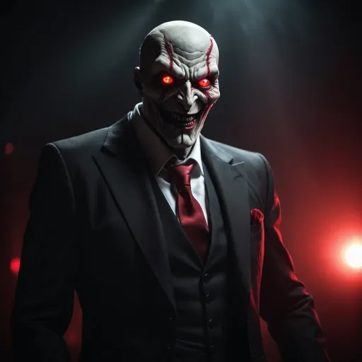 Prompt: Sinister figure in a distant desolate stage, red glowing eyes, dark and ominous atmosphere, detailed suit, sinister laugh, high quality, dark and desolate setting, sinister, red eyes, distant figure, detailed suit, professional, atmospheric lighting