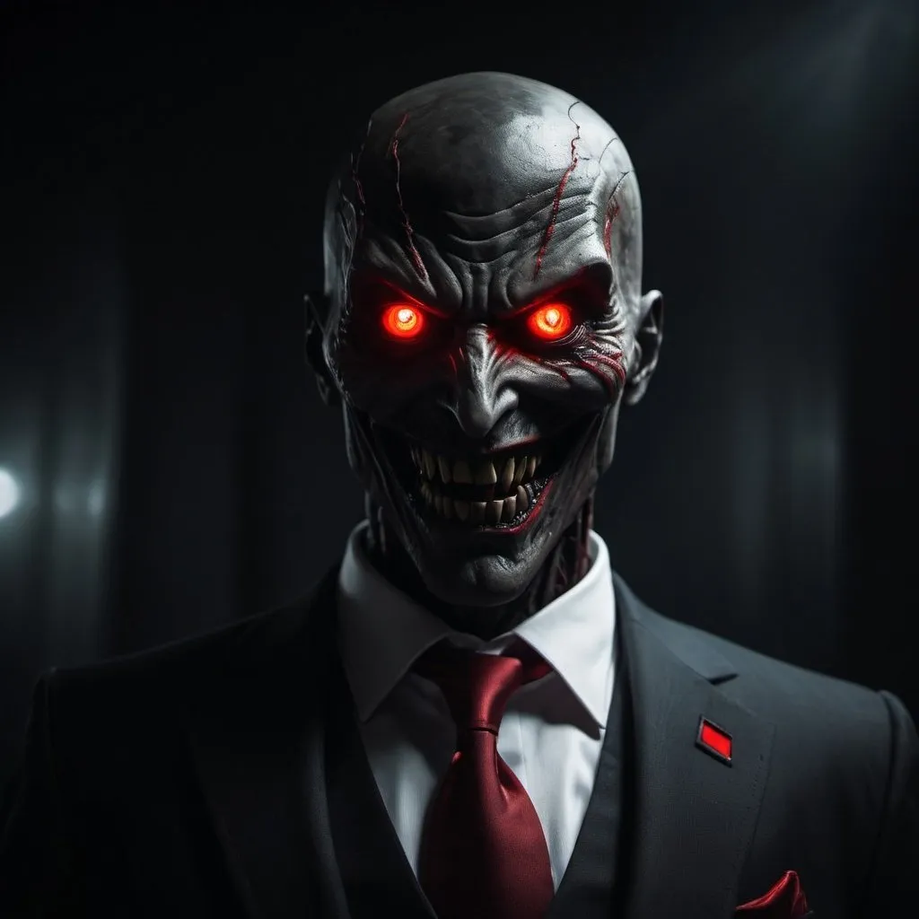 Prompt: Sinister figure in a distant desolate stage, red glowing eyes, dark and ominous atmosphere, detailed suit, sinister laugh, high quality, dark and desolate setting, sinister, red eyes, distant figure, detailed suit, professional, atmospheric lighting