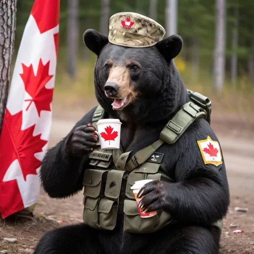 Prompt: black bear wearing canadian army uniform drinking tim hortons coffee