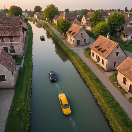 Prompt: A small village with two canals passing by, a road crossing the canals and passing by the village. It is evening time and cars are coming and going.