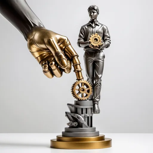 Prompt: Title: Statue of industrial engineering student competition

Description:
A man's hand coming from the bottom of the page and holding a statuette of the competition prize. White background and show light shines on the statue. The statue of the industrial engineering student competition has the main gear element and is designed in golden and gray color. This image should inspire a sense of joy and pride.

Instructions:
- Background: white
- Light: dramatic and soft on the statue
- Statue: design with gear element, golden gray color
- Feeling: joy and pride