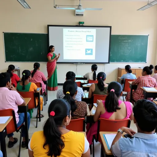 Prompt: In a lively classroom at Indira Priyadarshini College for Women in Nampally, Hyderabad, an engaging extension lecture took place focused on the topic of "Differences Between Prokaryotes and Eukaryotes." The atmosphere was filled with enthusiasm as students actively participated while listening to the speaker, who stood alongside Dr. U. Anitha Devi, the Head of the Botany Department, facilitating the session. The room, brightly lit and equipped with modern teaching tools, featured a chalkboard and a projection screen displaying educational content, which captivated the audience's attention. As the session concluded, heartfelt gratitude was expressed towards Dr. Anitha Devi, Dr. Rajitha Madam, and the Principal for their hospitality and support, celebrating both learning and collaboration within the academic community.