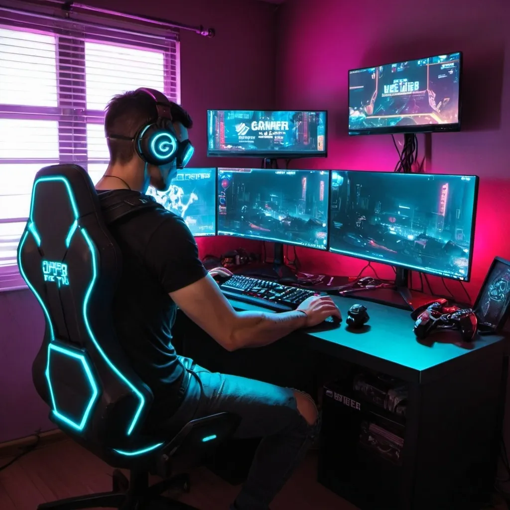 Prompt: un set up gamer en modo gamer pero un poco cyberpunk y el juego del ordenador super gamer sera llamado cyberpunk 