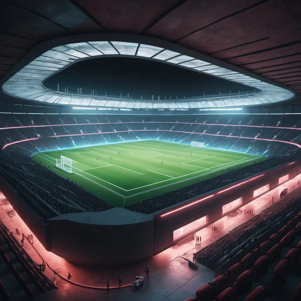 Prompt: un estadio de futbol hiper realista en modo cyberpunk con futbolistas historicos