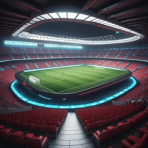 Prompt: un estadio de futbol hiper realista en modo cyberpunk con futbolistas historicos