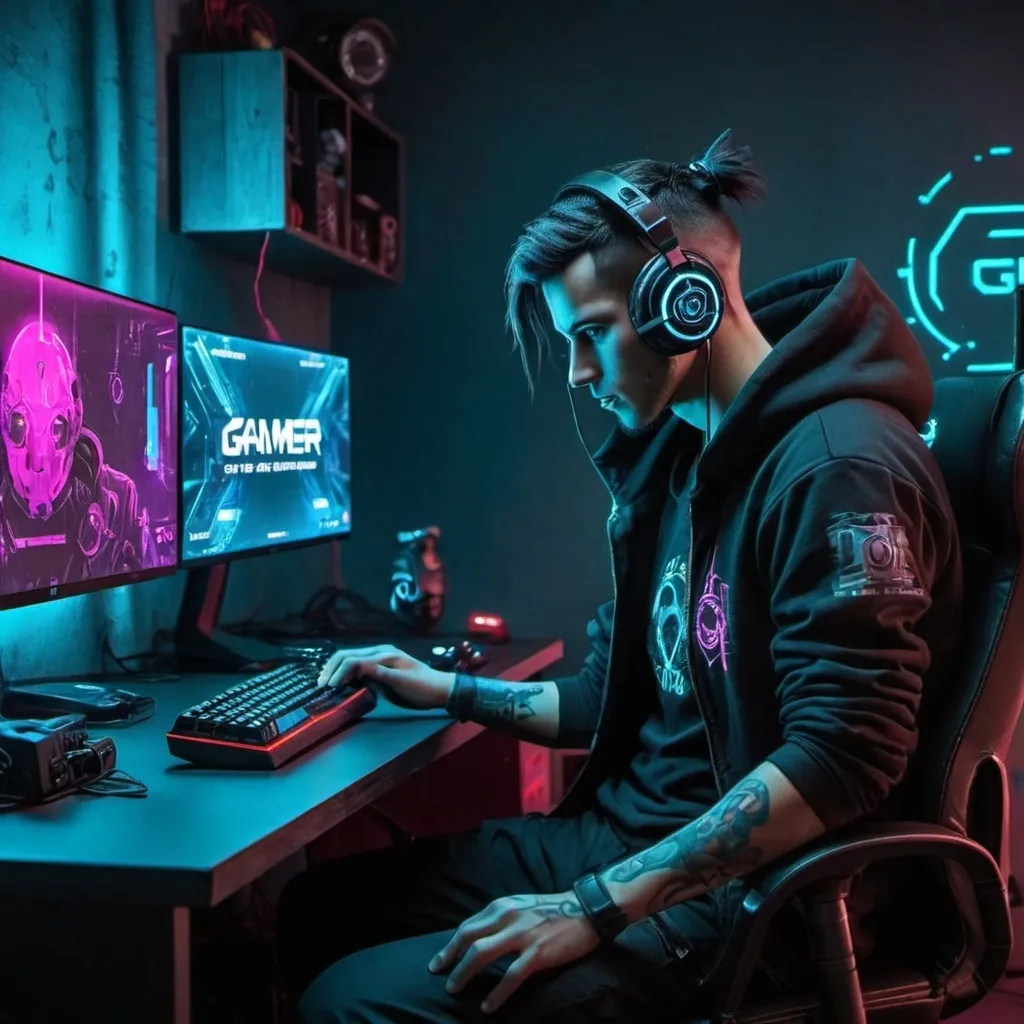 Prompt: un set up gamer en modo gamer pero un poco cyberpunk y el juego del ordenador super gamer sera llamado cyberpunk 