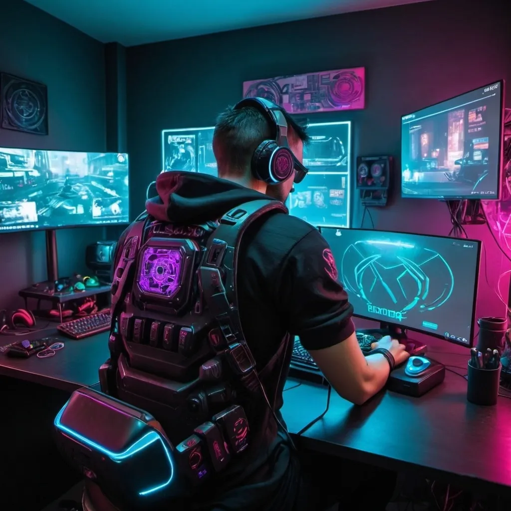 Prompt: un set up gamer en modo gamer pero un poco cyberpunk y el juego del ordenador super gamer sera llamado cyberpunk 