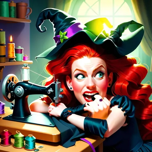 Prompt: illustration featuring a 30-year-old witch with vibrant red hair, working her magic at a sewing machine. She makes ballgowns
