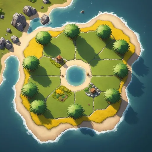 Prompt: show a top down view of a island similar to the game catan. put a field of yellow tall grass in the middle surrounded by green foilage and a rocky coastline.