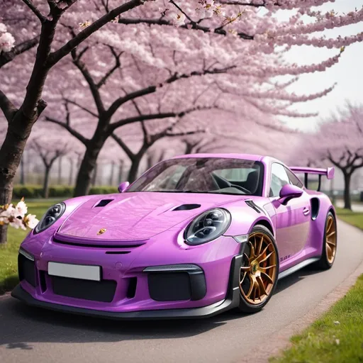 Prompt: create a wallpaper with a purple porsche 911 gt3rs and cherry blossom trees in the background