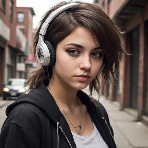Prompt: she is a beautiful tomboy gangster that no one can beat she is extraordinarily beautiful and she is a loner that listens to music.
