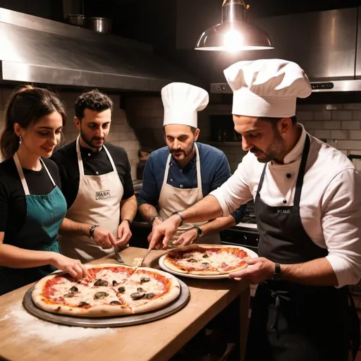 Prompt: A instructional cooking session for pizza napoletana hosted by an italian social media influencer set in a neapolitan pizzeria with cinematic lighting