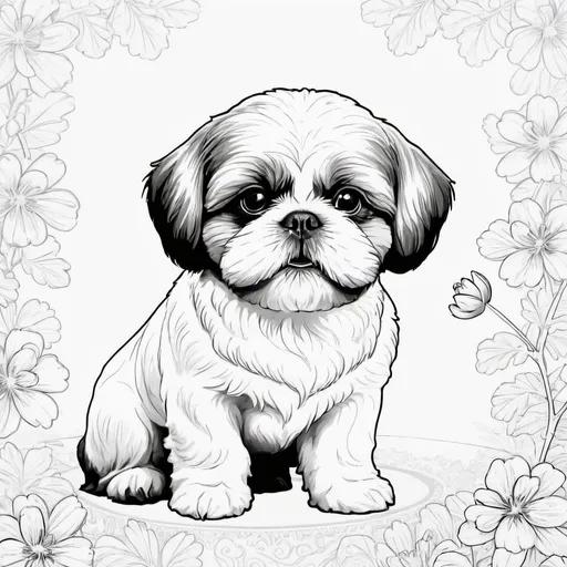 Prompt: BLACK AND WHITE LINE DRAWING OF A SHIH TZU WITH CUTE BACKGROUND SUITABLE FOR COLORING BOOK