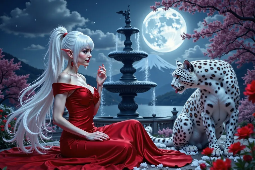 Prompt: Lady Rev, with white hair styled loosely in a ponytail, red eyes, and pointed ears, in off-the-shoulder crimson gown, faint smile revealing her sharp long fangs, is playing with a snow leopard in the gothic style garden. Countless of magical floras blooming in the moonlight. The background has a grand majestic fountain with an angel sculpture on top. Clear mt. Fuji and Lake Ashi view. Winter. Photorealistic nighttime.