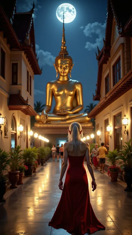 Prompt: In the stillness of the night, Lady Rev steps into the quiet grounds of Wat Pho, her figure cloaked in elegance as she moves through the softly lit temple complex. Dressed in a crimson tank top that reflects the warm glow of lanterns lining the pathways, her white hair and pointed elf-like ears stand out against the backdrop of intricately decorated temple walls.

The vast reclining Buddha lies before her, its golden form illuminated in soft, ambient lighting that highlights every delicate detail. Lady Rev’s red eyes widen with quiet wonder as she gazes upon the serene expression of the statue, appreciating the majesty and tranquility of the scene. She walks slowly along the length of the reclining Buddha, tracing the intricate mother-of-pearl patterns on the statue’s feet with her gaze, admiring the craftsmanship.

Around her, the temple’s architecture glows under the moonlight, casting long shadows that add depth and mystery to the scene. The faint scent of incense lingers in the cool night air, mixing with the distant sound of temple bells that echo softly, creating an atmosphere of reverence and calm. In this sacred space, Lady Rev is both a timeless figure and a respectful visitor, finding peace in the ancient beauty of Wat Pho under the watchful gaze of the reclining Buddha.