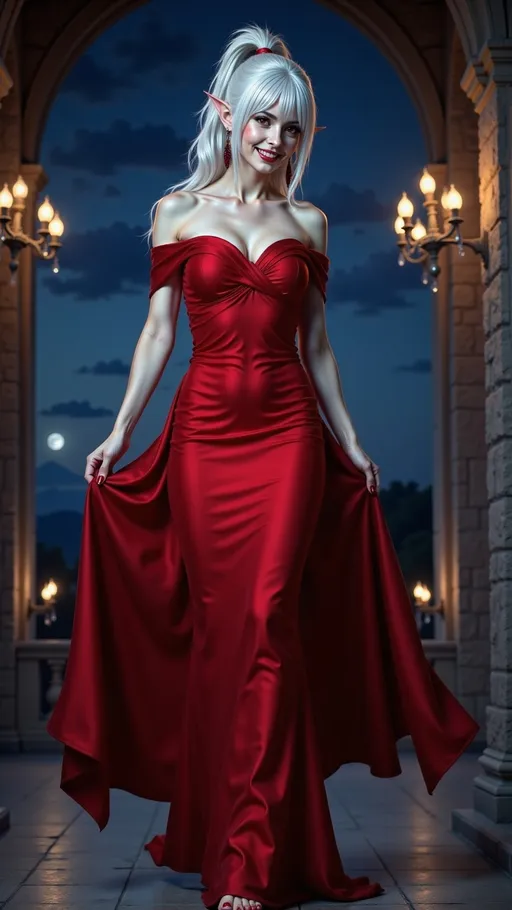 Prompt: Lady Rev, with white hair styled loosely in a ponytail, red eyes, and pointed ears, in off-the-shoulder crimson gown, faint smile revealing her sharp long fangs, is walking up-side-down on the ceiling. The interior is Gothic style stone castle at night. 