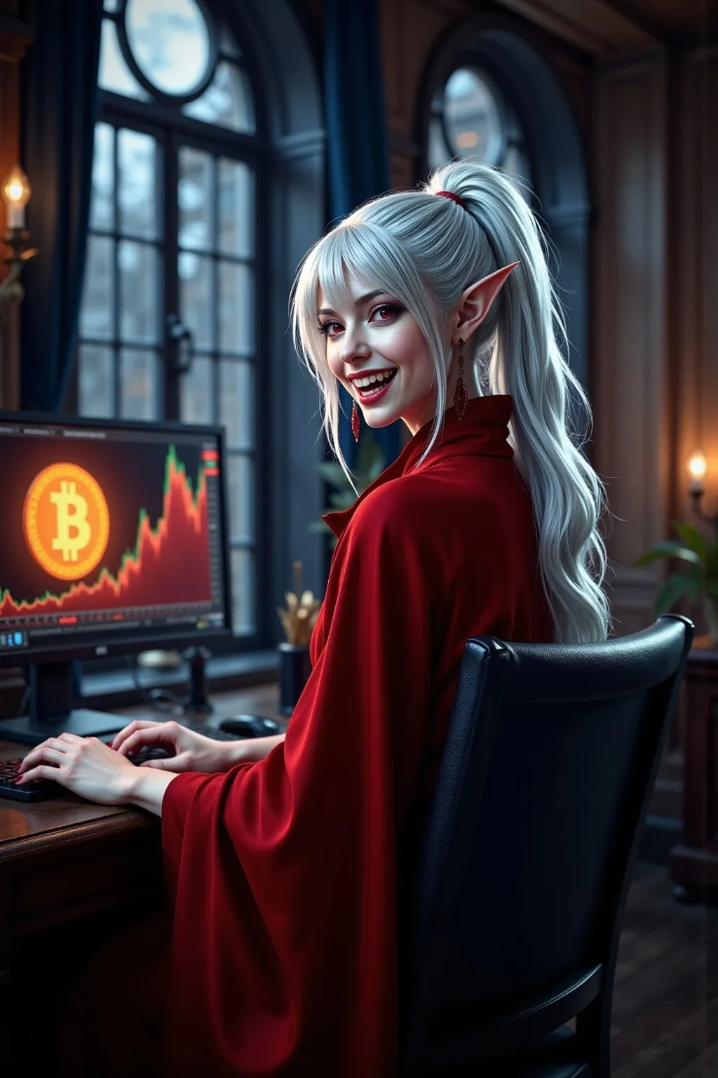 Prompt: Lady Rev sits confidently at her high-tech workstation within her dimly lit, gothic study, surrounded by the quiet elegance of dark wood furnishings and tall, moonlit windows. She turns away from the glowing screens, facing the camera with a look of surprise and excitement. Her vivid red eyes are wide with intrigue, and a delighted smile spreads across her lips, revealing her fangs as she registers the sudden surge in her investment.

Behind her, a large monitor prominently displays the iconic BTC symbol alongside a sharply rising chart, capturing the dramatic upward trend of Bitcoin’s value. The screen glows softly in the background, illuminating the intricate details of her elegant crimson attire and her white hair cascading around her pointed elf-like ears. This moment captures the blend of ancient sophistication and modern thrill as Lady Rev finds herself captivated by the rewards of her strategic investments in the digital age.