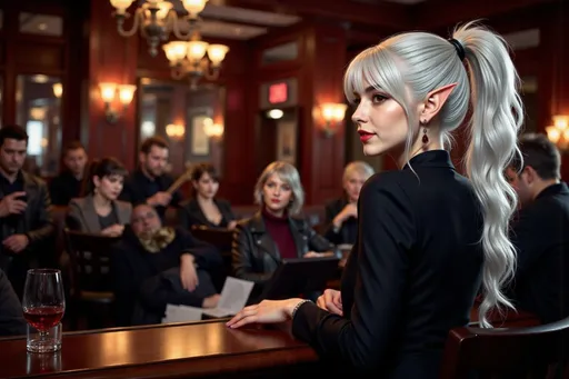 Prompt: LadyRev, white hair, in formal black attire, is sitting at the bar in a jazz club, enjoying the music. The musicians can be seen playing music in the background. On the bar there is a glass of blood wine specifically for her. The bar is crowded and dimly lit with warm lights from the chandeliers and lamps.