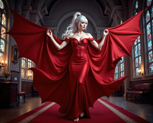 Prompt: Lady Rev, with white hair styled loosely in a ponytail, red eyes, and pointed ears, in off-the-shoulder crimson gown, is in the air. She has gigantic crimson succubus wings appearing from her back. Red magical aura swirls around her. Nighttime Gothic castle grand hall with swarm of bats. Red carpet. Stained glass windows. Centered Photorealistic.