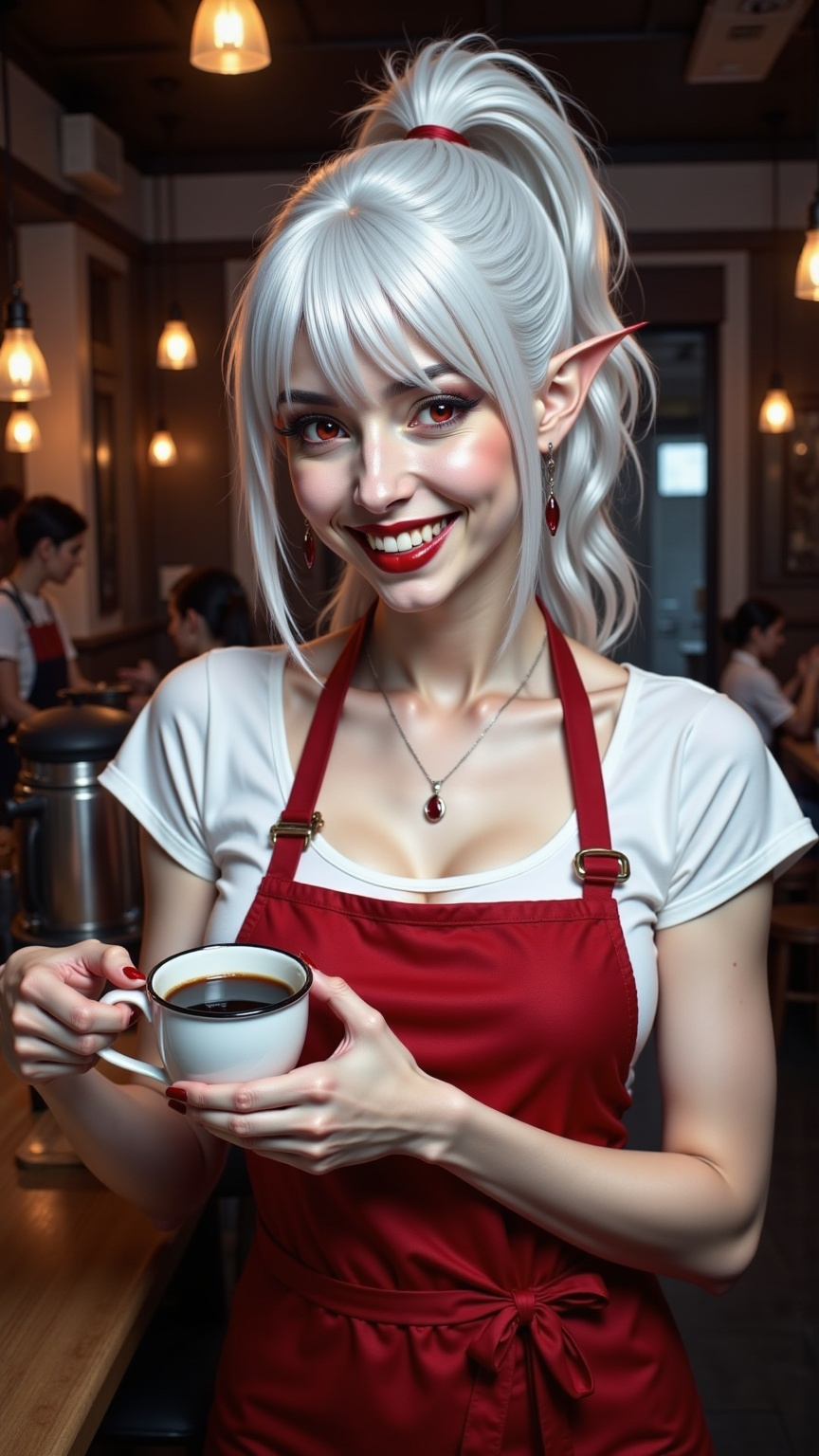 Prompt: Lady Rev, with white hair styled loosely in a ponytail, red eyes, and pointed ears, in white casual blouse with a crimson apron, faint smile revealing her sharp long fangs, is presenting a cup of hot black coffee to the camera, as if trying to give it to the viewer. She stands behind the coffee bar, working as a barista. Gothic style cafe interior, not very busy. Nighttime. Dark outside. Centered.