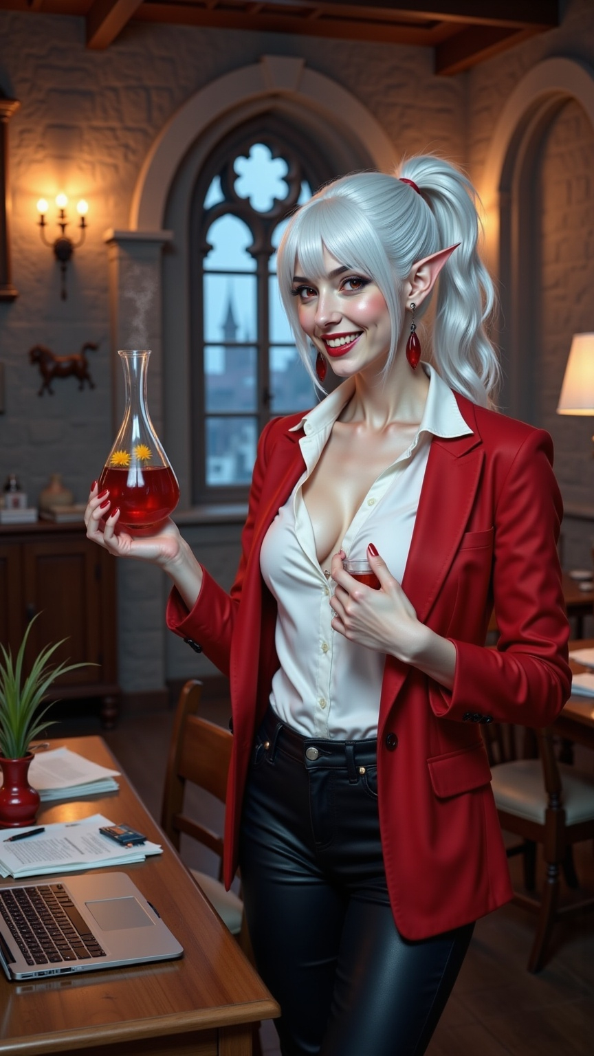 Prompt: Lady Rev, with white hair styled loosely in a ponytail, red eyes, and pointed ears, in white casual loose office blouse with a deep crimson fit suit, stylish black jeans, faint smile revealing her sharp long fangs, is holding a flask with both hands. Flask contains clear red liquid and some Calendula. There is a table with laptop computer and a stack of papers. Gothic stone castle interior. Nighttime diffused light. Centered.