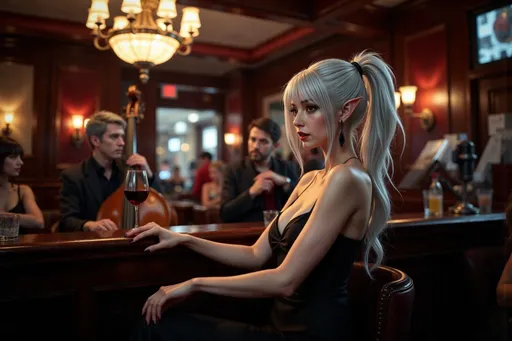 Prompt: LadyRev, white hair, in formal black attire, is sitting at the bar in a jazz club, enjoying the music. The musicians can be seen playing music in the background. On the bar there is a glass of blood wine specifically for her. The bar is crowded and dimly lit with warm lights from the chandeliers and lamps.