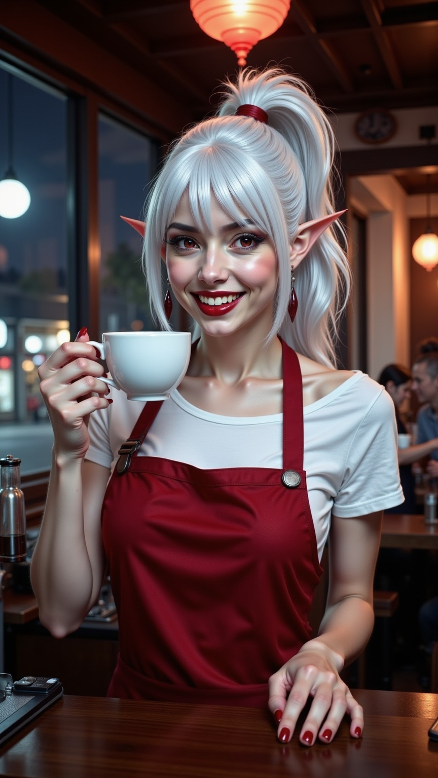 Prompt: Lady Rev, with white hair styled loosely in a ponytail, red eyes, and pointed ears, in white casual blouse with a crimson apron, faint smile revealing her sharp long fangs, is holding a cup of hot black coffee to the camera, as if trying to give it to the viewer. She stands behind the coffee bar, working as a barista. Gothic style cafe interior, not very busy. Night time, dark sky, warm interior light. 