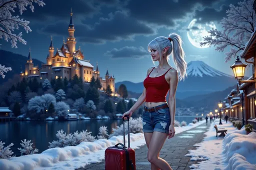 Prompt: Lady Rev, with white hair styled loosely in a ponytail, red eyes, pointed ears, dressed in braless crimson tank top, stylish short jeans, and a pair of sneakers, is walking to gigantic gothic castle with a wheeled luggage. She smiles and looks into the distance. Near lake Ashi and Mt. Fuji. Lightly snowing and nighttime. Photorealistic.