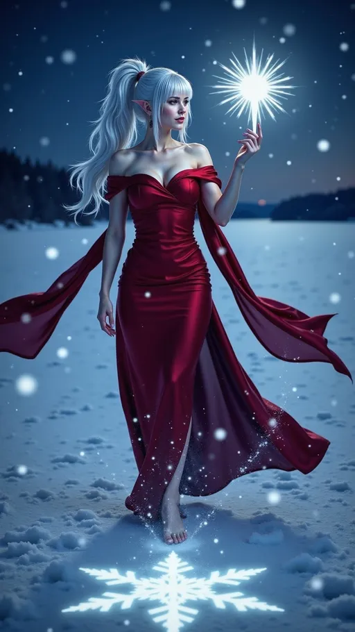 Prompt: Lady Rev, with white hair styled loosely in a ponytail, red eyes, pointed ears, in her crimson off-the-shoulder gown. She is summoning a blizzard with magic. The ground beneath her has a glowing snowflake symbol. Snowstorm swirls around her. Frozen lake and tundra, nighttime.