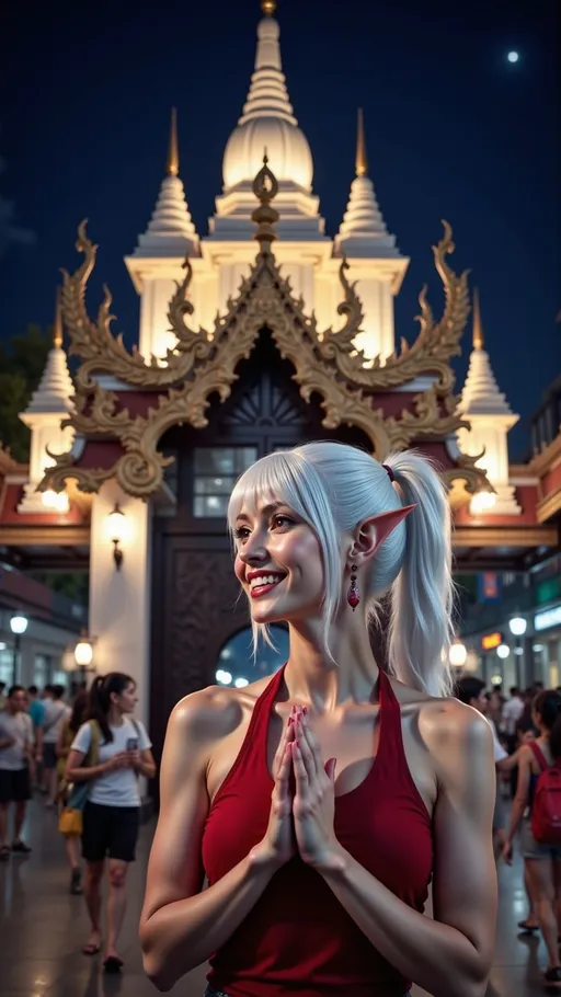 Prompt: Lady Rev stands outside a beautifully lit Thai temple's gate at night, dressed in her braless crimson tank top. Her white hair and pointed ears are illuminated by the temple lights as she gazes at the architecture with a respectful expression