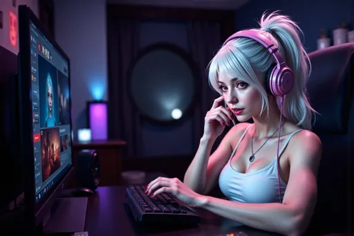 Prompt: LadyRev In her casual, white tank top, white hair, is sitting at her PC desk, playing video games. One hand is on the keyboard while the other is holding the mouse. Her eyes are fixated on the screen, paying a lot of attention. She wears a pair of pink headset. The room is dark and dimly lit with RGB LEDs. This room is also part of her Gothic Stone Castle.